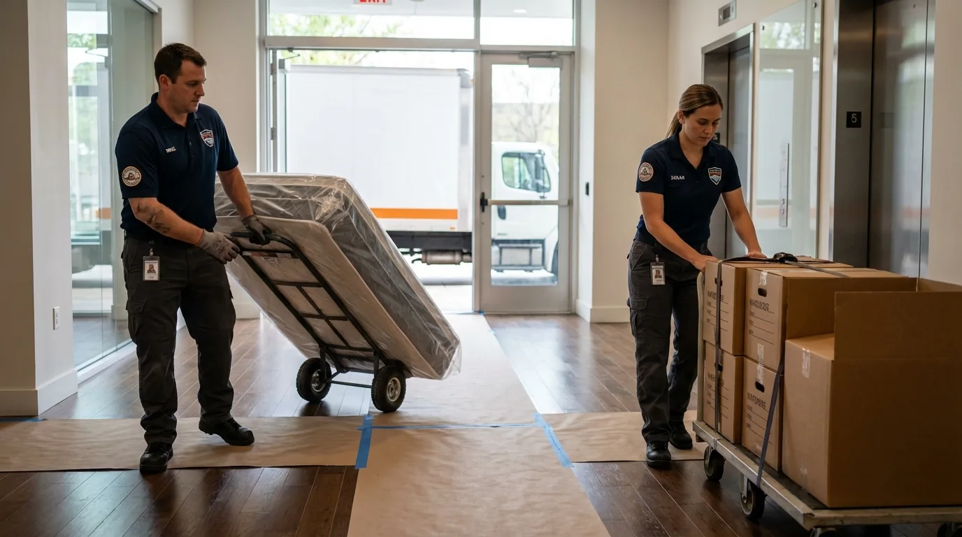 Professional apartment movers loading elevator in Laporte, PA